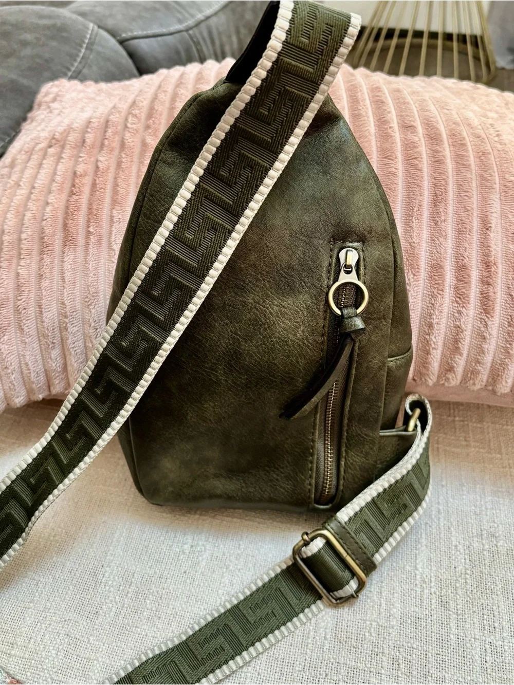 Woven Accent Olive Green Crossbody Sling Bag